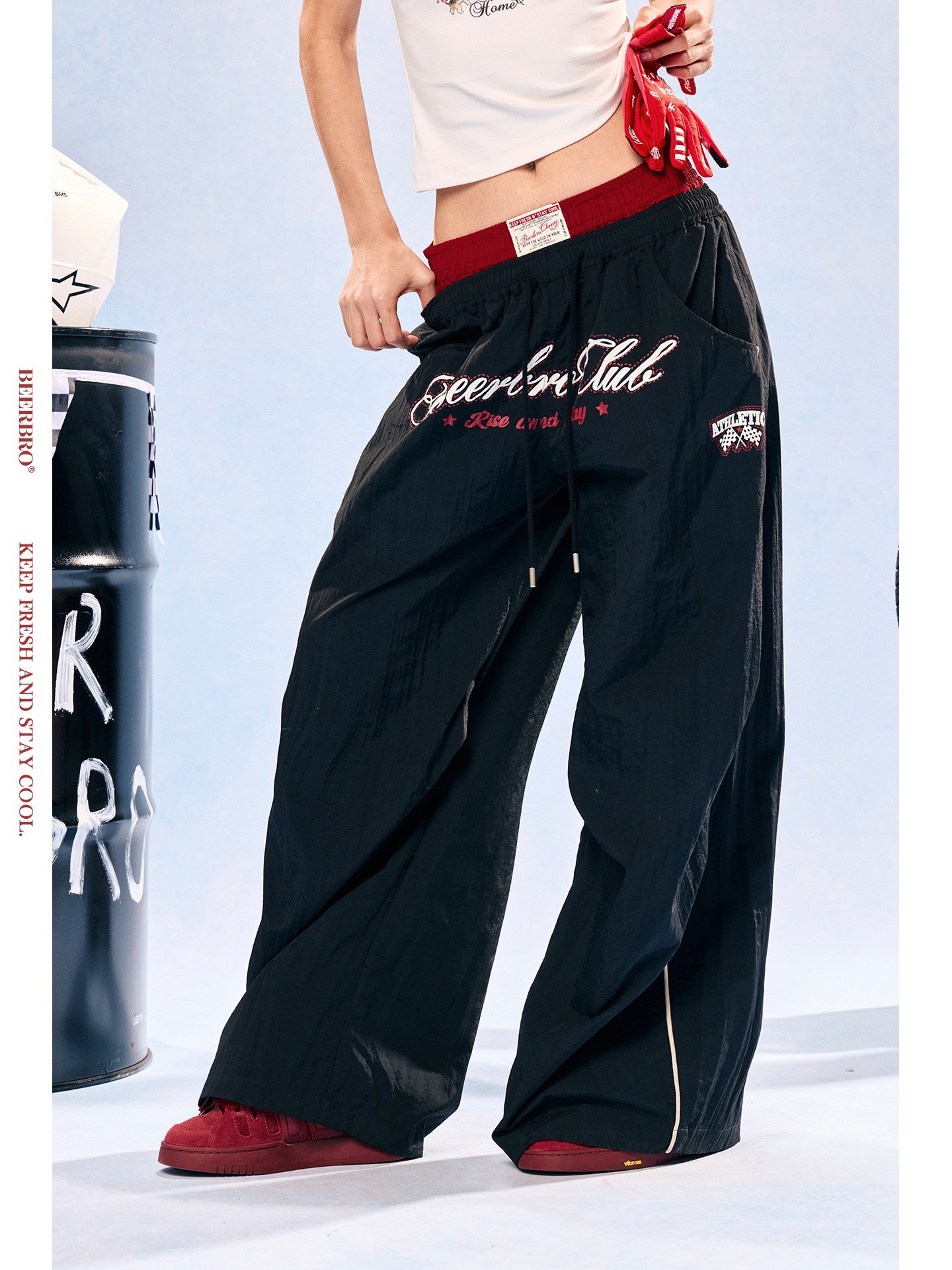 American-style light sub-racing color-blocked double-waist casual pants for men and women, summer thin loose wide-leg quick-dry sports pants