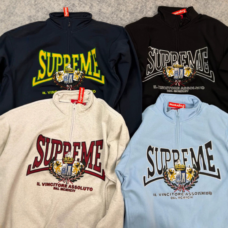 In stock Supreme 25FW Crest Half Zip Pullover sweatshirt with badge patch In stock Supreme 25FW Crest Half Zip Pullover sweatshirt with badge patch