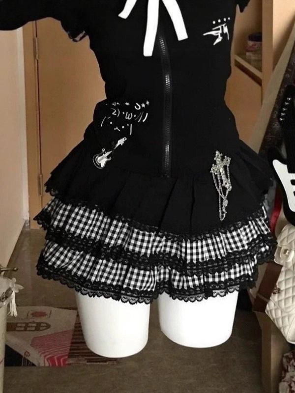 原宿y2k蕾丝辣妹蛋糕暗黑朋克蓬蓬百搭半身裙亚文化拼接格子短裙|undefined