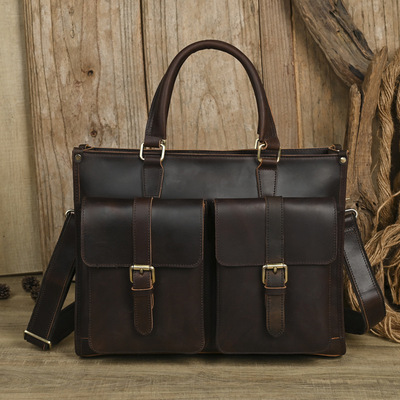 manual Retro cowhide man Handbag Cross section genuine leather One shoulder Inclined shoulder bag CRAZY HORSE England Cambridge Briefcase