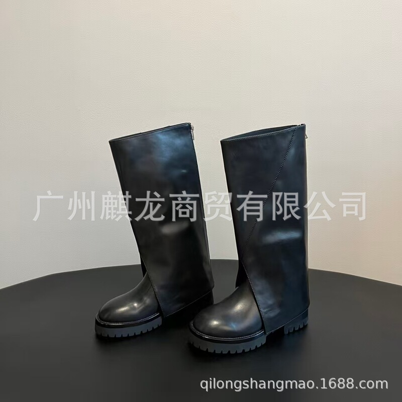 高端2025秋冬新款真皮圆头复古厚底后拉链高筒裤管靴长筒靴骑士靴|undefined