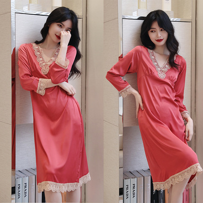跨境新款冰丝睡裙连衣裙缎面雪纺裙子睡觉 长袖睡裙宽松大版时尚