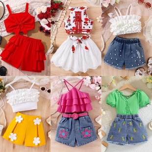 Foreign Trade Summer Sweet 2025 Girls Short-Sleeved Suit Cute Short-Sleeved T-Shirt Shorts Two-Piece Kidsren's Suit Trendy