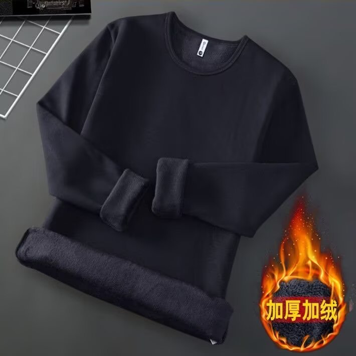 Camiseta de manga larga del fabricante de la fuente para hombre más terciopelo grueso color sólido interior con cuello redondo para hombre otoño e invierno cálido T camisa de fondo negro
