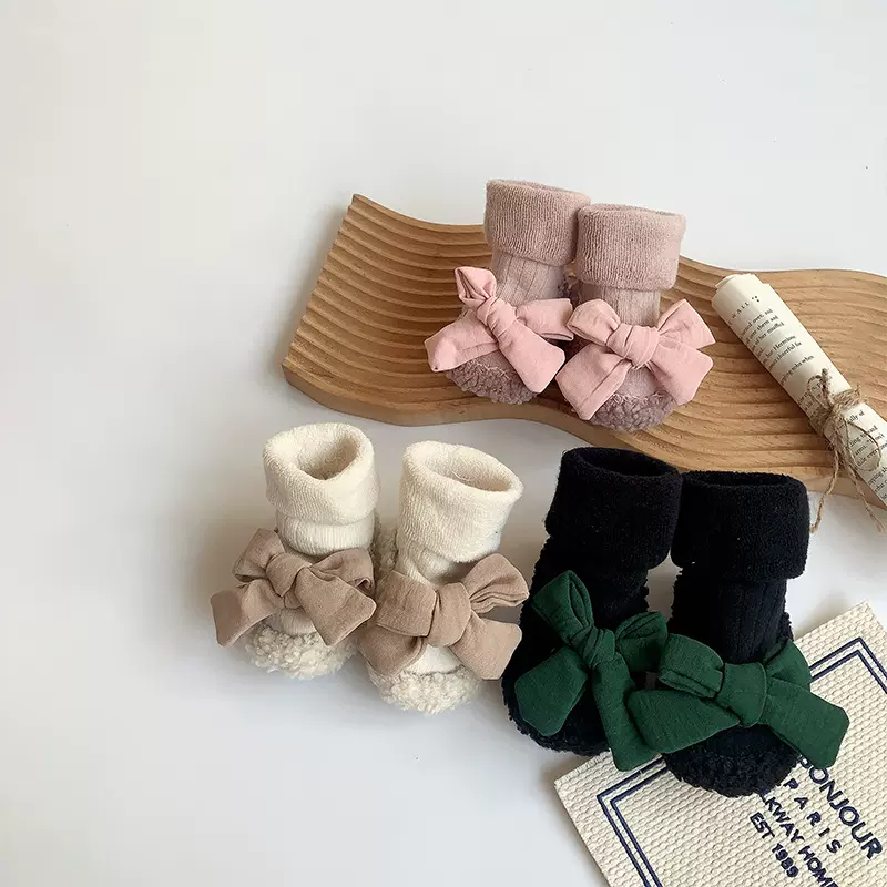 2023秋冬新品宝宝地板鞋软底防滑中筒学步鞋韩系蝴蝶结婴儿袜鞋