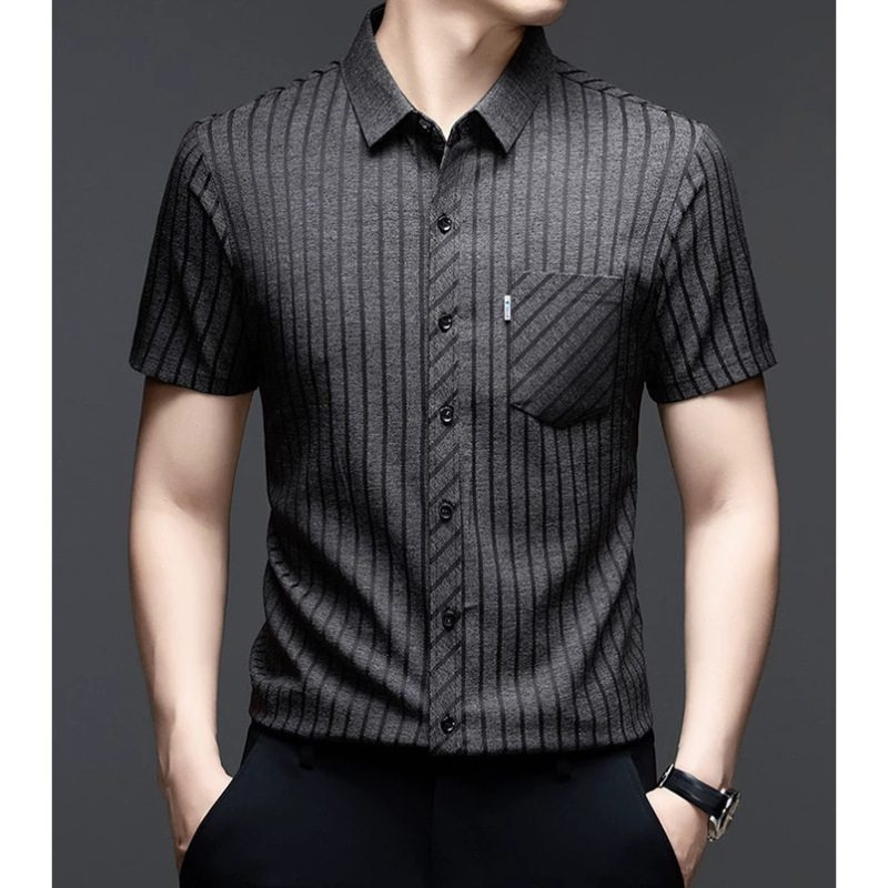 Authentic High-End Men's Mulberry Silk Linen Shirt, Casual and Versatile, Loose Short-Sleeved Shirt for Middle-Aged Men