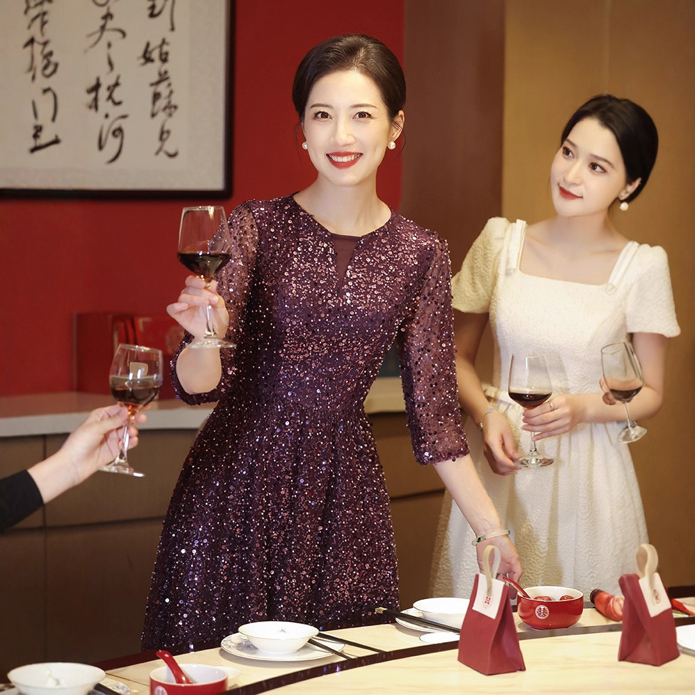 Mother-In-Law's Wedding Banquet Outfit Purple 2026 New Autumn Sequin High-End Light Luxury Elegant Evening Dress for Mother-In-Law
