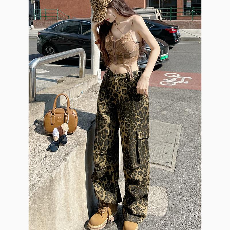 豹纹高街工装阔腿牛仔裤女2025秋季新款多口袋高腰阔腿拖地长裤|undefined