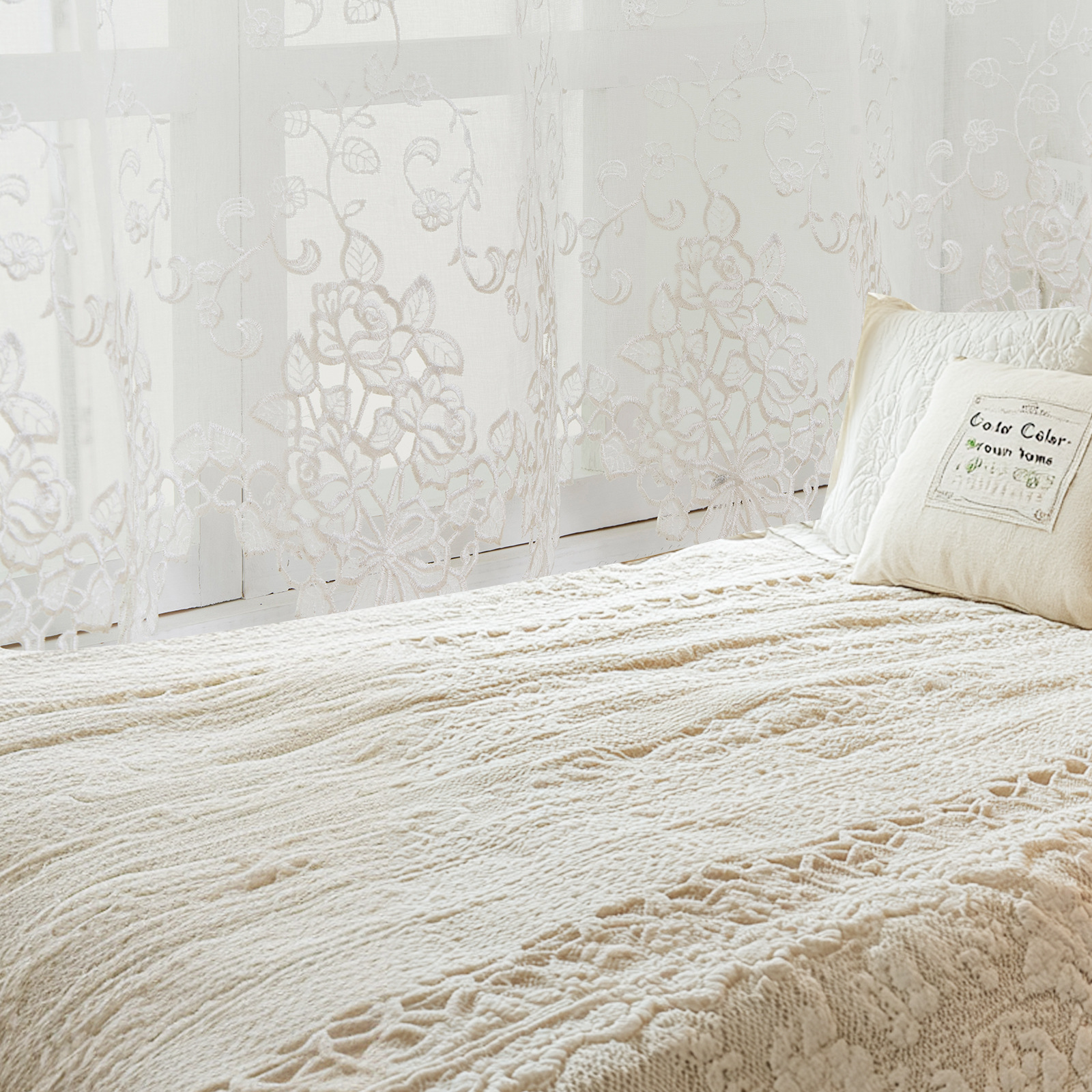 Cortina de tela de encaje bordado perforación de café corto con bordado de encaje transparente con agujeros cortina de puerta