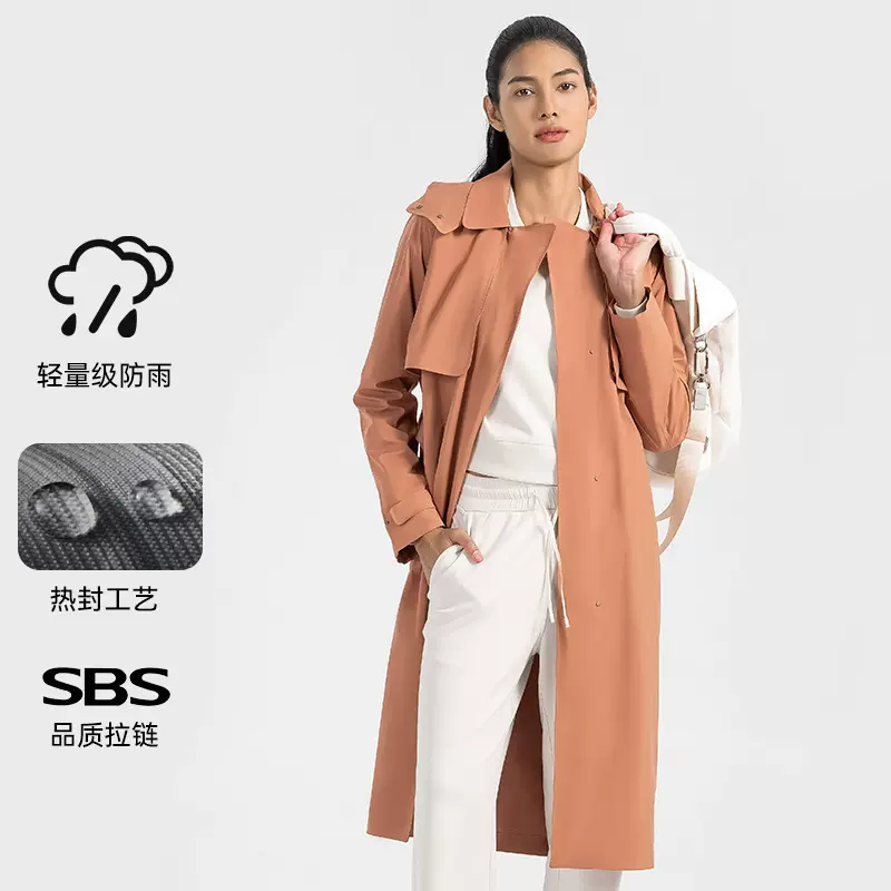 防水防风SBS拉链可拆卸连帽外套卡扣束腰翻领长款风衣女DAW014