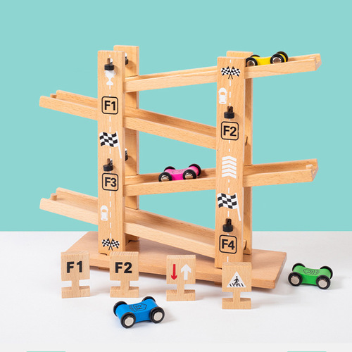 New four-track glide car children's educational assembled track inertia pull-back car creative assembly racing wooden toy