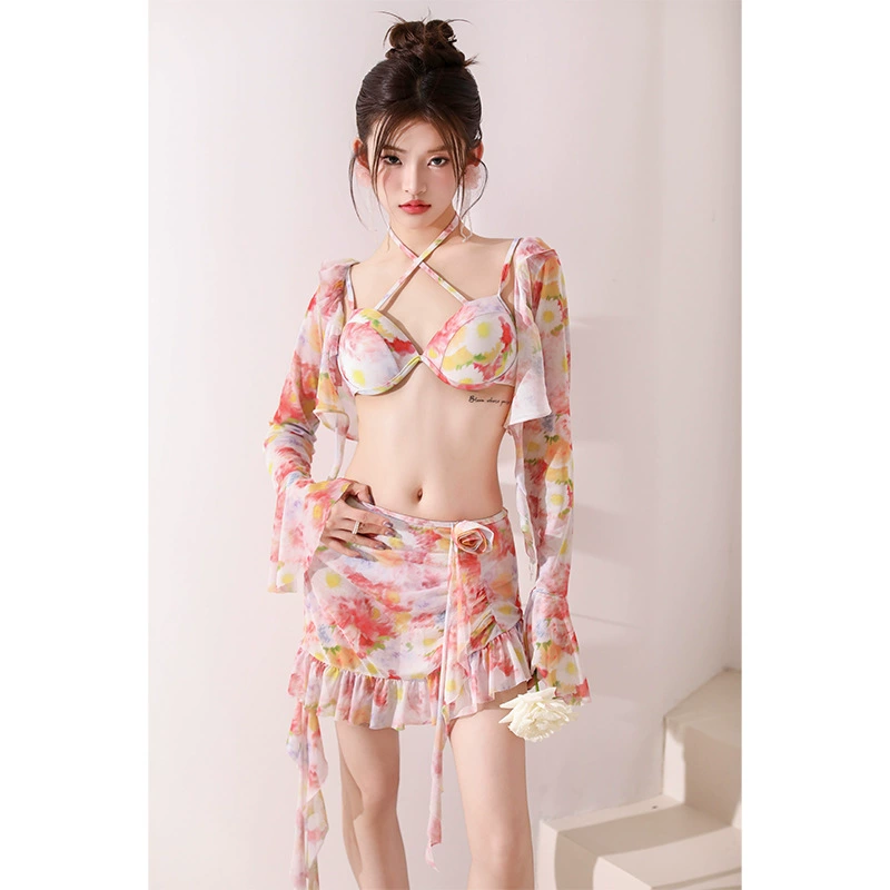 Split swimwear, beach set, European style, 4 piece set, flowered, high-quality style