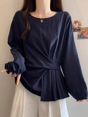高级感收腰圆领长袖衬衫早秋2025新款大码女装胖MM遮肚小衫上衣