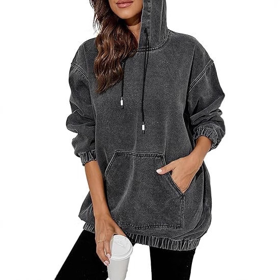 Cross-Border European and American Foreign Trade Denim Distressed Hooded Pullover Loose Sweatshirt Off-Shoulder Fried Snowflake Retro Washed Jacket