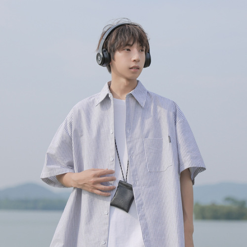 Japanese-style CityBoy blue striped short-sleeve shirt for men, trendy brand student casual five-sleeve shirt jacket for summer