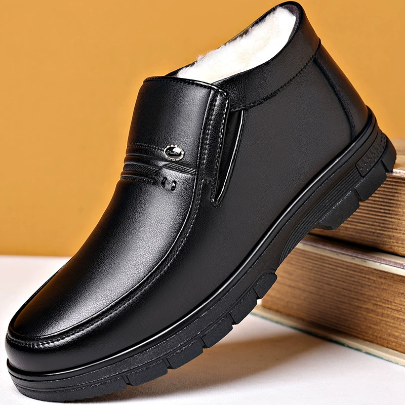 Зимняя хлопковая обувь, мужская теплая утолщенная обувь на флисовой подкладке для пап среднего возраста, высокие Хлопковые кожаные туфли из натуральной кожи, шерсти, для пожилых