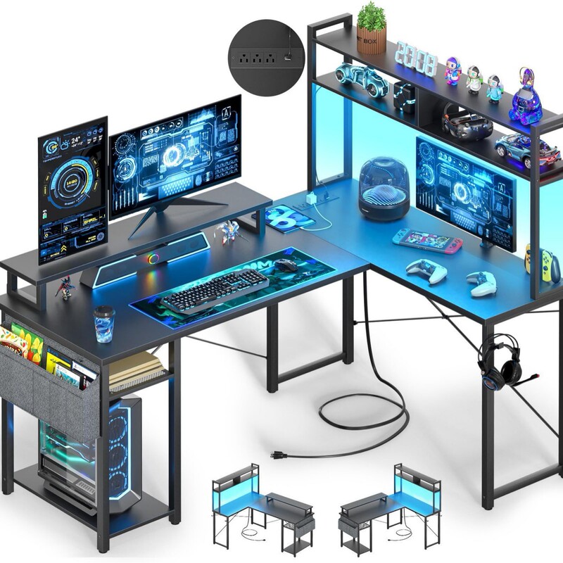 Amazon L-Shaped Corner Desk with Led Lights, Computer Desk with Storage, Office Desk with Desktop Shelves, Minimalist Design Desk