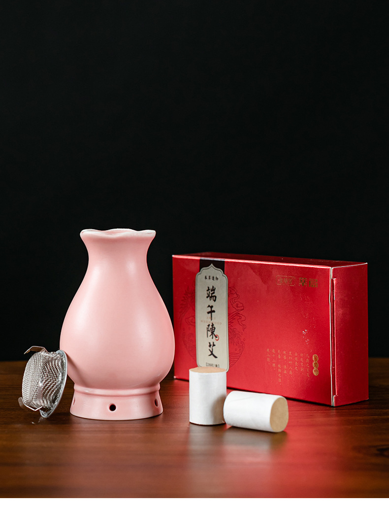Ceramic Moxa Jar Small Neck Warming Tool with Cloth Sleeve and Ash Guard for Home Moxibustion preparation