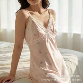 吊带睡裙女款夏季冰丝烫印蝴蝶高级睡衣甜美少女丝绸家居服网红风