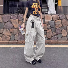 欧款美式复古宽松多口袋抽绳直筒工装裤女束脚cleanfit阔腿长裤潮
