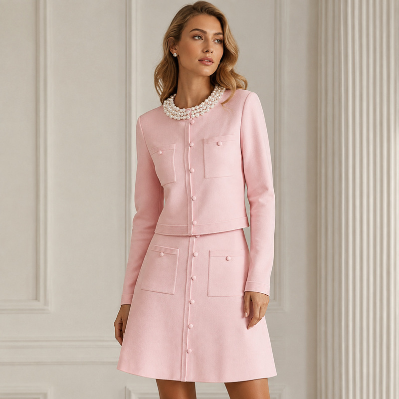 Solid Color Pearl Collar Chanel-Inspired Two-Piece Set for Women, Shein Solid Color Style Outfit, Fashionable Light Luxury Set Solid Color Pearl Collar Chanel-Inspired Two-Piece Set for Women, Shein Solid Color Style Outfit, Fashionable Light Luxury Set
