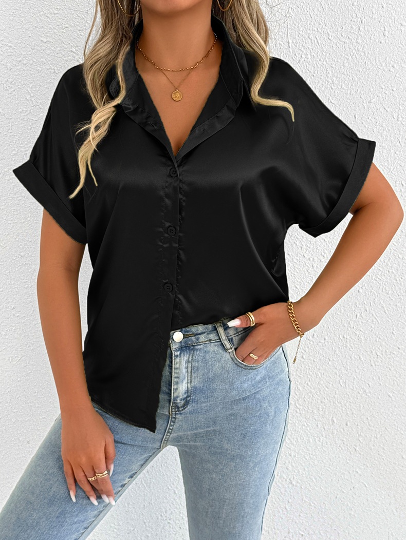 Foto real de ropa popular para mujer para exportación a Amazon, nueva camisa de satén azul de verano para mujer, camisa de satén para mujeres pequeñas.