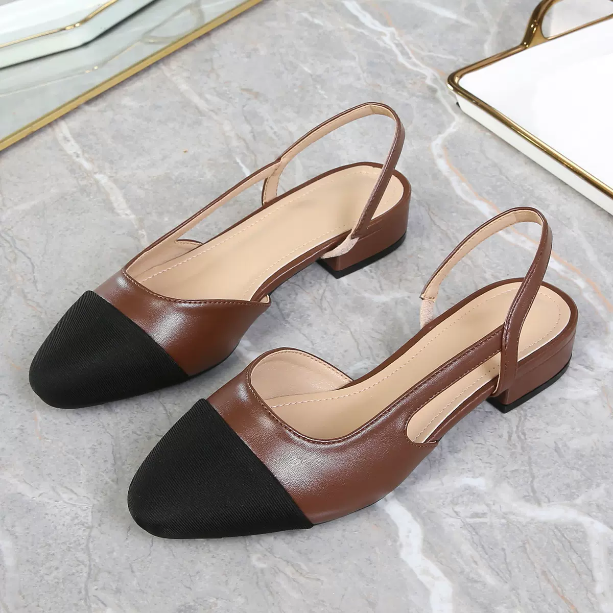 跨境中跟小香拼色后空包头凉鞋女法式高跟方头粗跟鞋平底大码单鞋