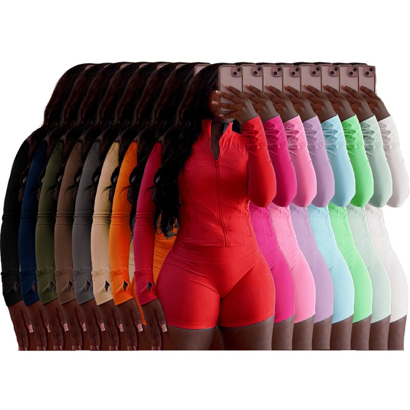 Hr24068 Hot Style Extension Spring New European and American Sports Casual Sexy Tight Long-Sleeved Shorts Two-Piece Set