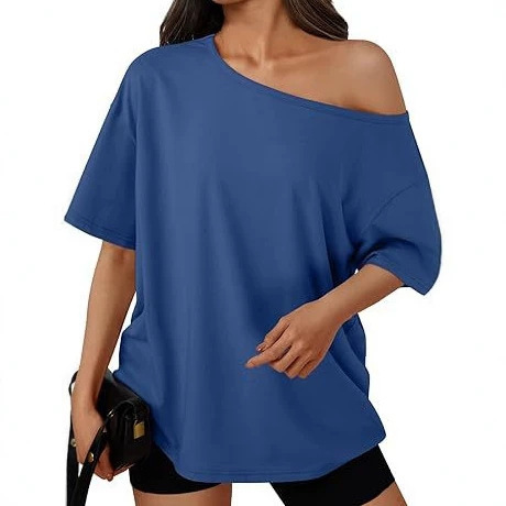 Cross-Border European and American Foreign Trade New Women's Clothing Amazon Design-Inspired Loose Shoulder-Baring Top Y2K Off-Shoulder T-Shirt