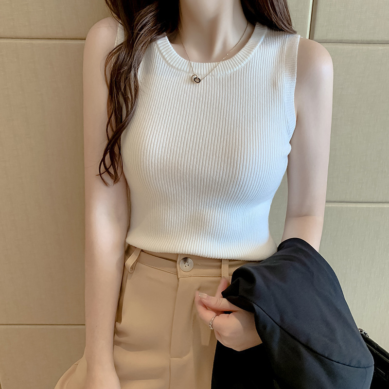 White Sling Women's Autumn and Winter Inner Suit Base Shirt Explosive French Vest Summer Outer Wear Sleeveless Knitted Top White Sling Women's Autumn and Winter Inner Suit Base Shirt Explosive French Vest Summer Outer Wear Sleeveless Knitted Top