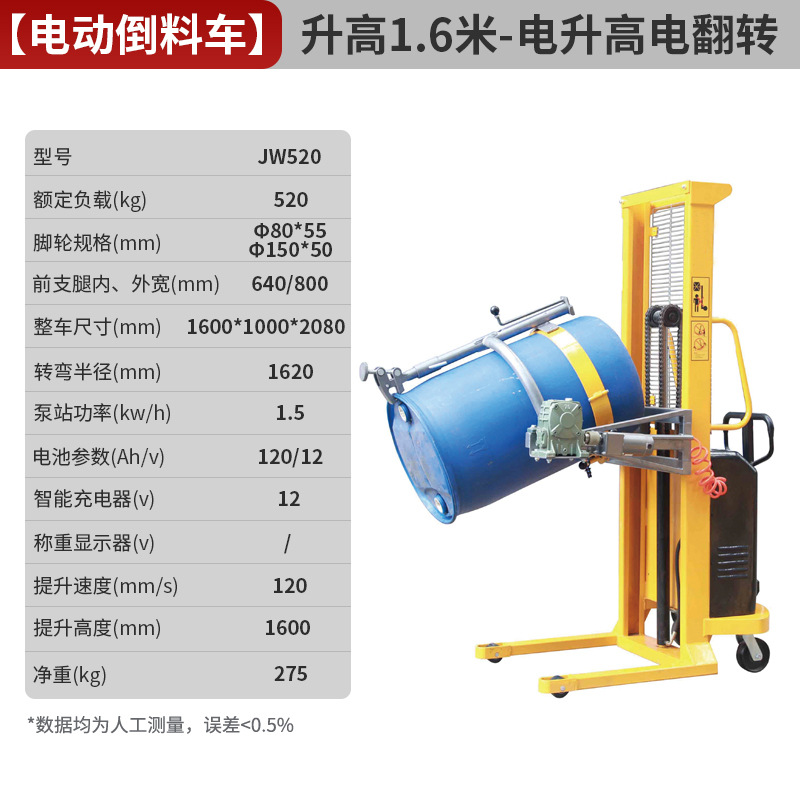 Carrileta elevadora de barril eléctrico de aceite elevación camión de descarga hidráulico de barril de barril de hierro camión de transporte de barril de plástico pesado