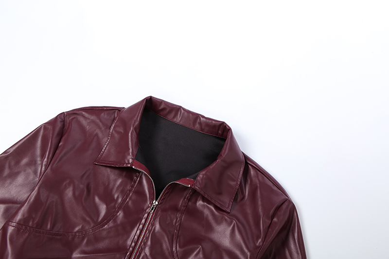 Autumn Winter Collared Zipper Solid Color Casual Poly Urethane Leather Stitching Long Sleeve Coat 18 Autumn Winter Collared Zipper Solid Color Casual Poly Urethane Leather Stitching Long Sleeve Coat