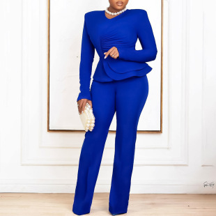 D458 Independent Station Export Suit Autumn and Winter New Fashion Ol Ruffled V Neck Top and Pants European and American Two-Piece Set