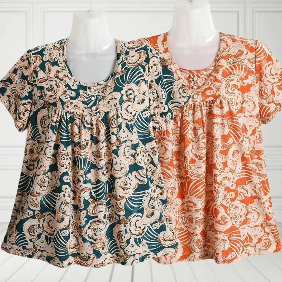 Летняя женская одежда из ледяного шелка для мамы с короткими рукавами для бабушек среднего и пожилого возраста, футболки больших размеров, а также толстые свободные топы с половиной рукавов