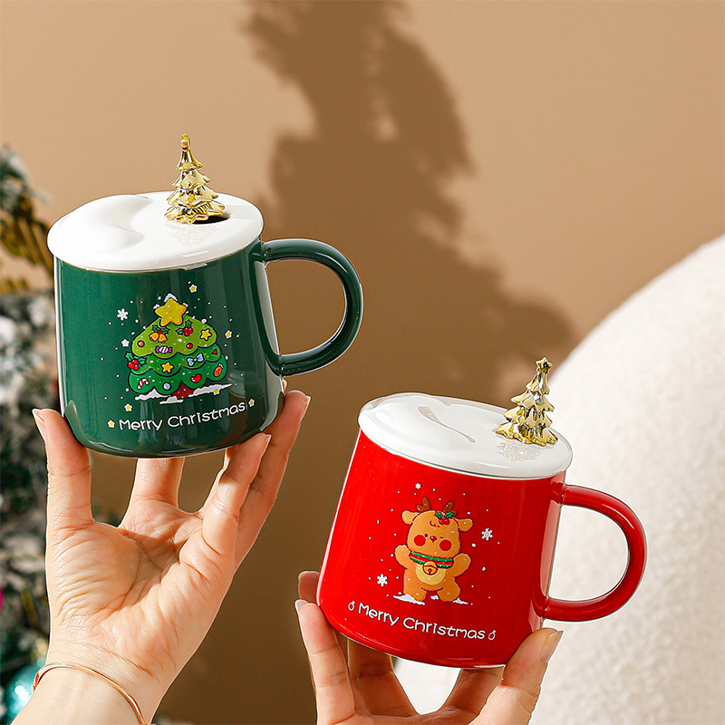 Taza de Navidad con Tapa y Cuchara, Taza de Cerámica para Café y Agua, Regalo Estudiantil Navideño