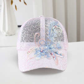 薄款蕾丝帽子夏季镂空网纱鸭舌帽女款花朵遮阳透气亮片棒球帽