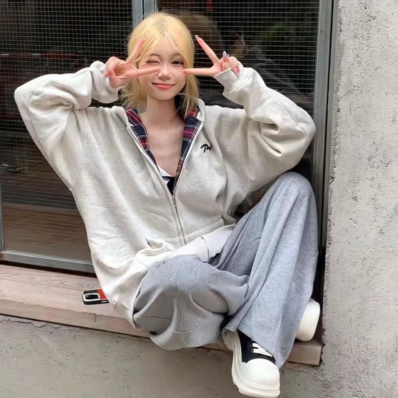 美式复古格子拼接开衫拉链卫衣外套女2025新款oversize慵懒风连帽|undefined