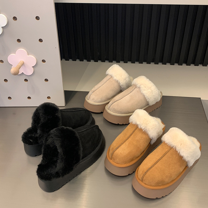 Pantofole pelose Baotou da donna da indossare fuori autunno e inverno nuovo stile celebrità di Internet muffin suola spessa più scarpe di cotone pigro calde di velluto_voghion.com