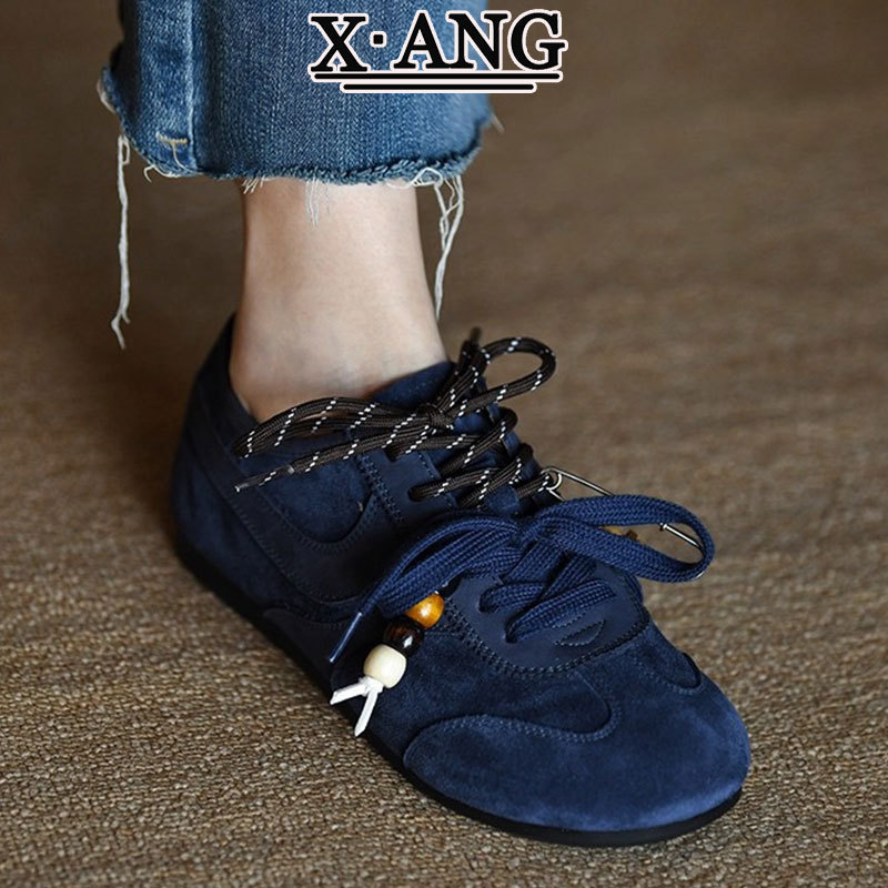 牛皮版双鞋带蓝色德训鞋女款2025秋季新款复古时尚软底休闲单鞋子|undefined