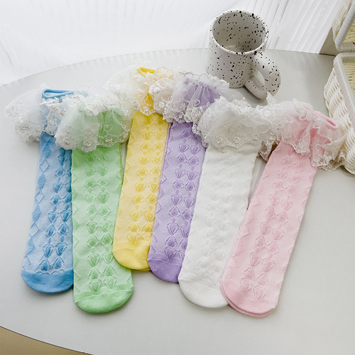 Japanese-style Lolita lace-trimmed children's socks—spring/summer JK-themed heart & diamond-pattern mesh, featuring adorable lace accents—manufacturer-direct wholesale