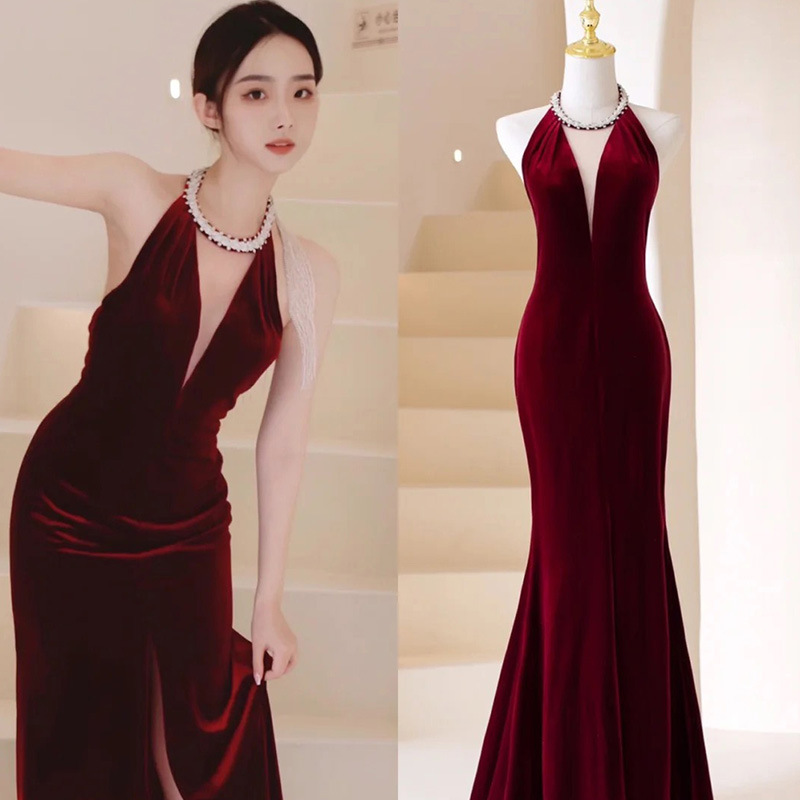 Bridal wine red toast dress elegant slimming backless slim fishtail dress engagement Thank you banquet halter dress Bridal wine red toast dress elegant slimming backless slim fishtail dress engagement Thank you banquet halter dress