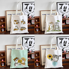 亚马逊爆款风日系慵懒风猫咪印花大容量手提印制单肩包礼物帆布袋