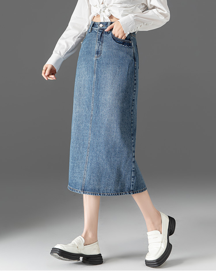 Chân váy denim lưng cao nữ dáng A xẻ tà — Màu xanh lam nhạt chi tiết 1