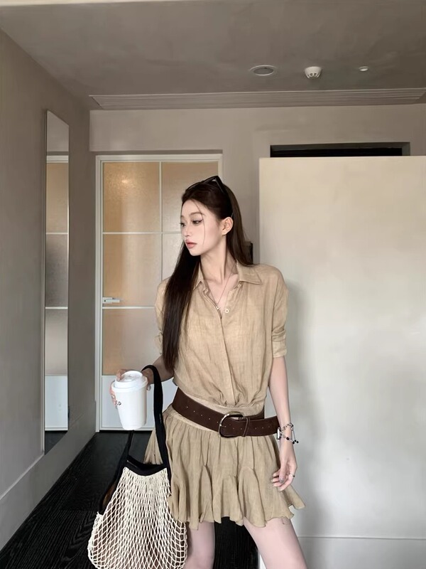 高级感修身收腰显瘦翻领短袖衬衫连衣裙女夏季复古气质百褶裙短裙|undefined