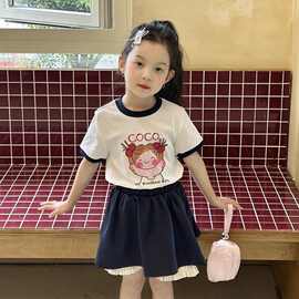 2026夏季女童洋气休闲卡通印花短袖T恤短裙拼色两件套童装女