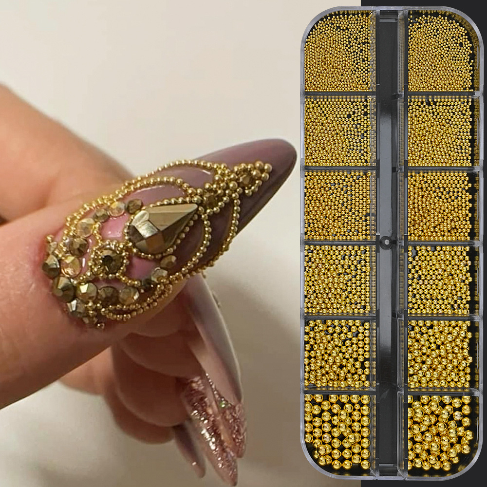0.8Mm3Mm Mixed Metal Round Beads Nail Art Decorations 12 Grids European and American Punk Style Gold, Silver, Black Nail Decorations