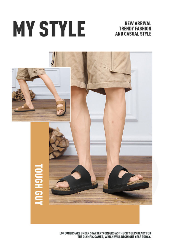 Dép lê quai ngang nam da nhân tạo đế mềm chống trượt, cỡ lớn đi ngoài trời mùa hè — Kaki, Màu be, Màu đen chi tiết 3