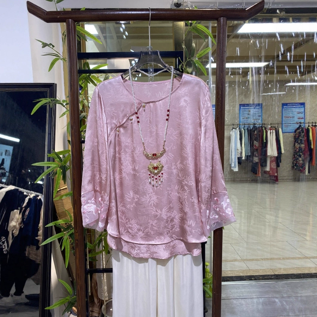 Жаккардовый топ из искусственного шелка с шелковой органзы, вышитый косой планкой, оригинальный дизайн, новая рубашка в национальном стиле в стиле шинуазри для женщин