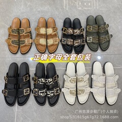 FD字母金属扣拖鞋女2025夏季休闲老花复古百搭帆布厚底情侣一字拖