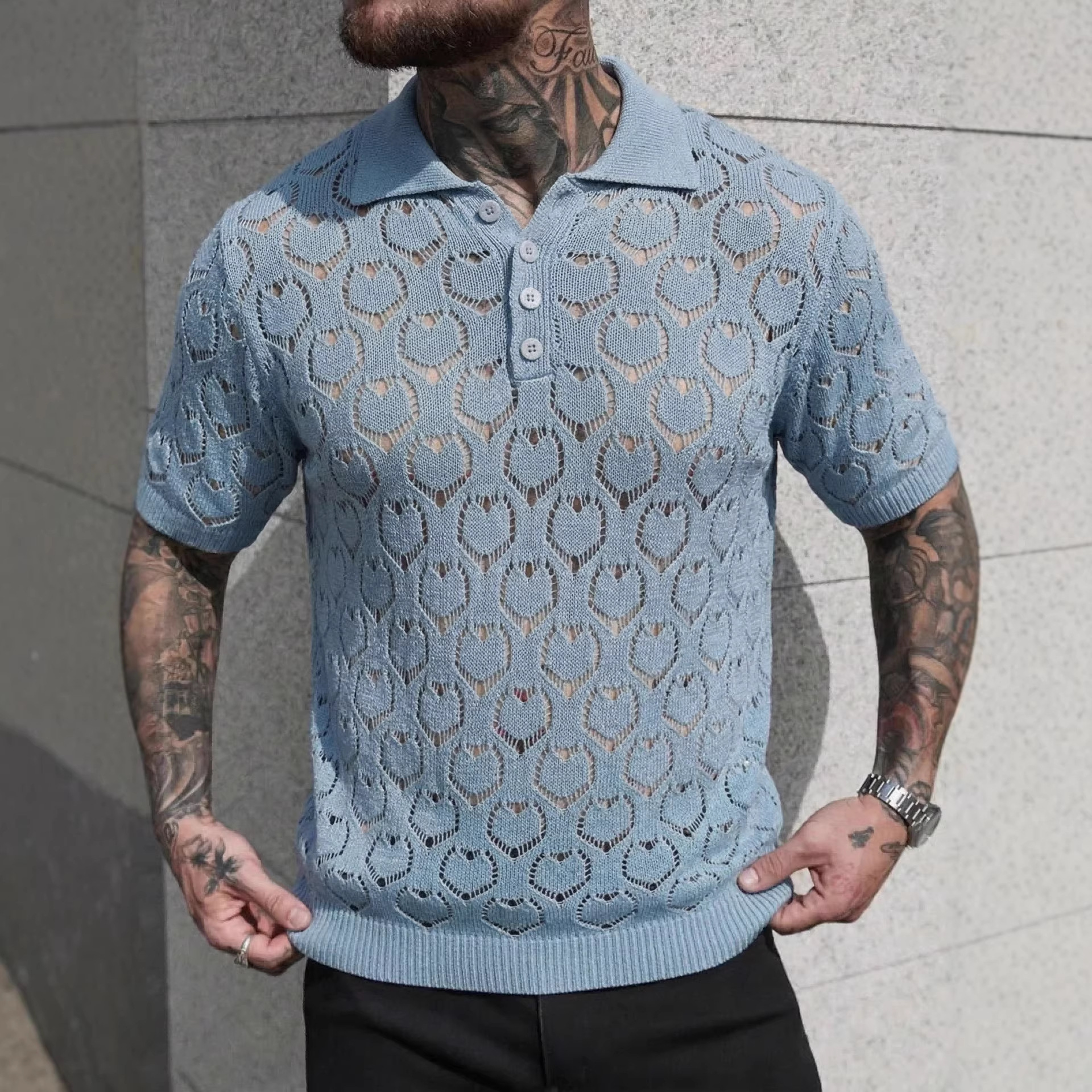 Herren Strick-poloshirt Mit Herzmuster Kurzarm Sommer-oberteil_voghion.com